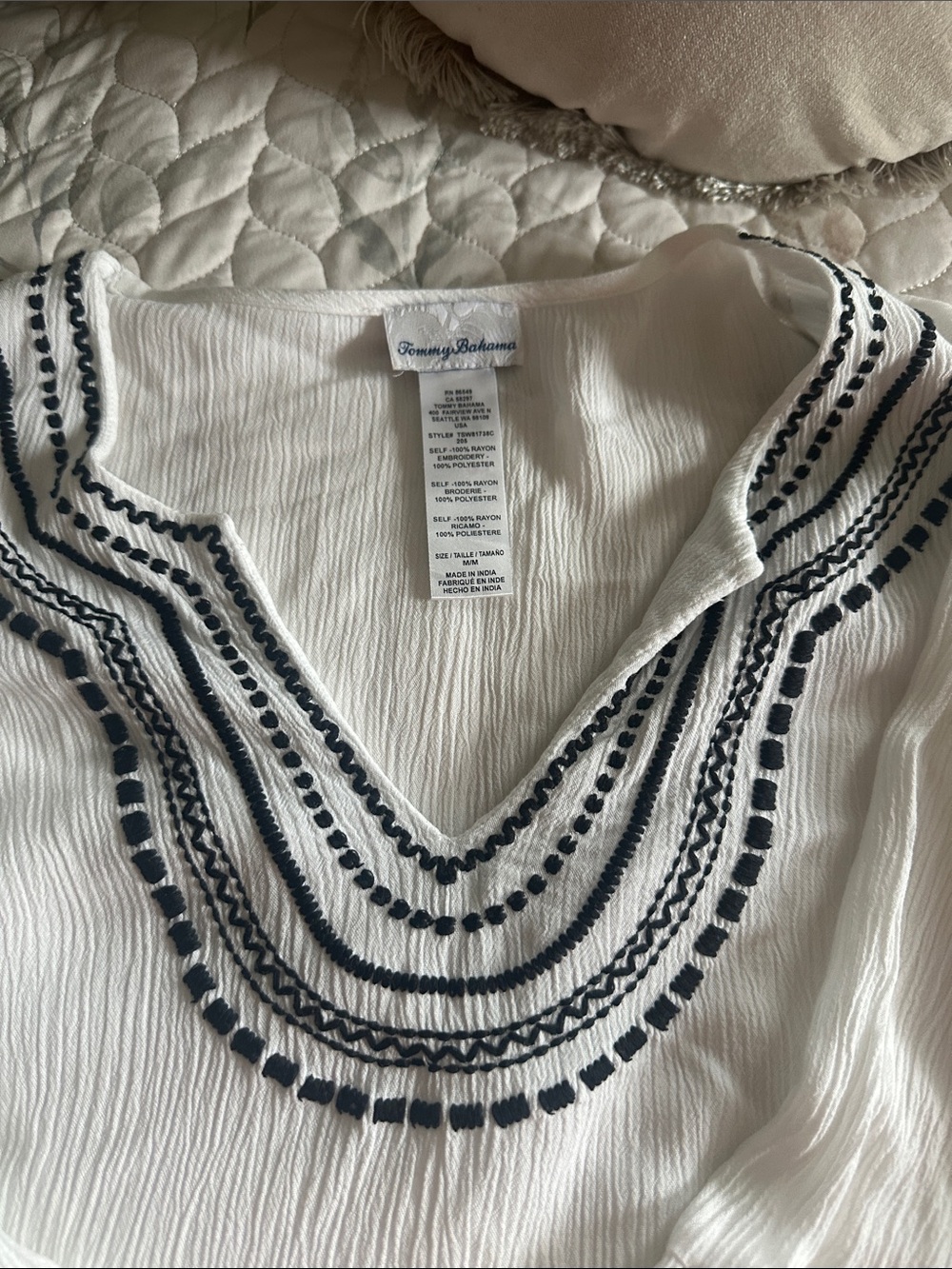 Tommy Bahama White Tunic with Navy Embroidered V-Detail
